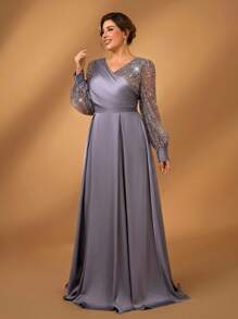 Serin Plus Size Women's Elegant And Gorgeous Gray Luxury Fine Glitter Beads Sequins Stitching Satin Lantern Long Sleeves Overlap V Neck Pleated A-Line Hem I-Shaped Pleats Suitable For Mothers To Attend Wedding Events Bachelorette Parties Dating Dance Dinner Holiday Music Festival Evening Dresses Bride Mother Dress - Grey - View 5