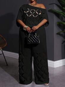 SHEIN CURVE+ Plus Size White Asymmetrical Shoulder Embroidered 2 Pieces Set, Elegant For Summer Vacation Graduation Dress/ Graduation Dresses For Women/ White Graduation Dress/ Graduation Outfit.Summer/Country/Beach Vacation Outfits/Beach Outfits/Beach Wear Plus Size 2 Piece Sets Plus Size Women Clothes 2 Piece 2 Piece Sets Curvy - Black - View 5