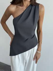 Aloruh Áo blouse cổ bất đối xứng màu xám tối giản có khóa kéo cho nữ khi đi làm/đi chơi - Màu xám đen - Xem 6