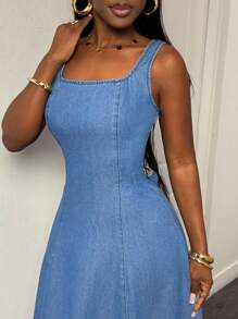 Slaydiva 女式方领无袖休闲加长牛仔连衣裙，夏季 - 中等水洗藍 - 查看 7