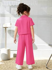 SHEIN Conjunto de camisa casual de cor sólida com gola de lapela e estilo de rua para meninas