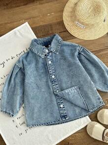 SHEIN Mädchen lange, weite Denim-Bluse mit umlegekragen und elastischem Bündchen