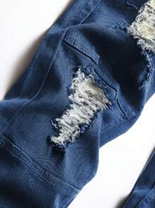 Manfinity Homme 大码男士口袋破洞紧身休闲牛仔裤，百搭 - 深色水洗藍 - 查看 4