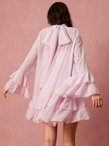 Enchnt 女士时尚优雅浪漫喇叭袖荷叶边下摆短款连衣裙 - 淺粉色 - 查看 2