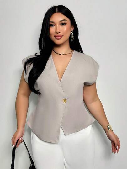 Firerie 大码女装优雅浪漫时尚OL性感无袖短外套，金属纽扣装饰，适合派对、度假、约会、婚礼、生日等场合。女装大码正装女装夏季服装女装夏季套装毕业季、返校季、教师装