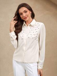 EMERY ROSE Camicia donna a maniche lunghe beige con decorazioni in perle