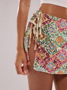 SHEIN BAE Women's Summer Sexy Shiny Sequin Geometric Side Straps Mini Skirt Suitable For Nightclub, Club, Date, Exclusive, Beach Holiday