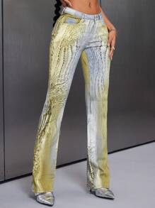 SHEIN Tall Jeans de pierna acampanada con estampado total y bolsillos para mujer de estilo urbano