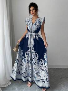 Elenzga Women's Floral Print A-Line Dress, Fashionable For Summer - Navy Blue - View 3