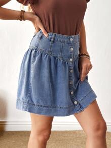 EMERY ROSE Women's Plain Front Button Casual Versatile Denim Mini Skirt