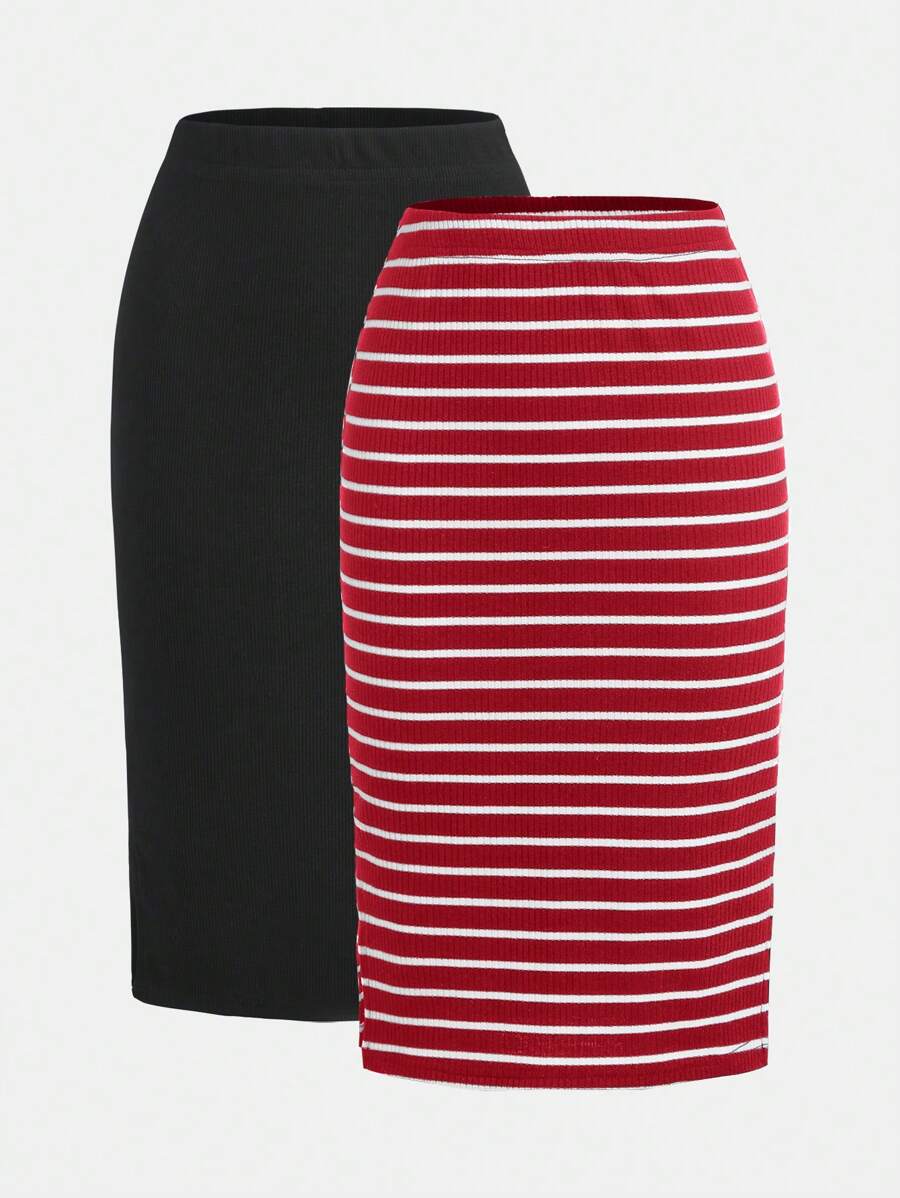 SHEIN LUNE Plus Size Women Elastic Waist Straight Casual Multi-Pack Midi Skirts Summer Vacation,Business Casual - Burgundy - View 1