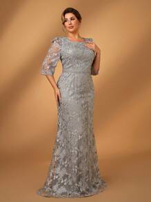 Serin Plus Size Elegant Romantic Heavy-Embellished Navy Blue Beaded Rhinestone Mid-Sleeve Lace Fabric Mermaid-Style Formal Gown, Suitable For Prom, Banquet, Mother Of The Bride Dress