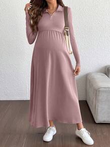 SHEIN 纯色孕妇半开拉链前肩长袖连衣裙 - 粉色 - 查看 4