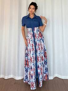 Breezaya Đầm dài thanh lịch in hoa màu xanh mùa hè hở phía trước cho nữ - Nhiều màu - Xem 3