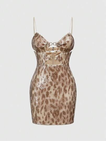 Grunge Punk Y2K Chic Leopard Print Beaded Slip Dress For Women