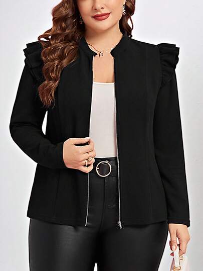 Chikora SHEIN Clasi 1pc Women's Plus Size Simple Shiny Print Front Open Jacket, Suitable For Autumn And Winter,Halloween&New Year& Charistmas Clothes Fall