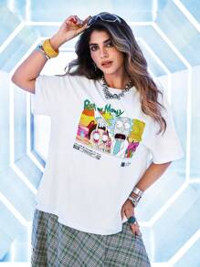 Rick and Morty X SHEIN 夏季大码卡通图案圆领短袖T恤 - 白色 - 查看 3