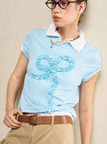 SHEIN Unity Damen Lässig T-Shirt mit 3D plissierter Schleife am Rundhalsausschnitt und Kurzarm - Blau - Übersicht 4