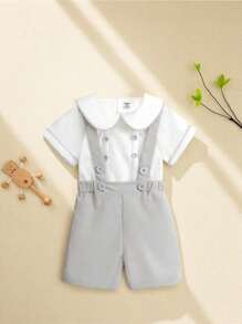 SHEIN 2 件婴儿/幼儿白色短袖上衣，有领子和纽扣装饰，配色短裤和吊带，款式简洁清新，适合儿童 - 彩色 - 查看 3