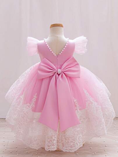 SHEIN Glamorique Kids Pink Glitter Backless Mesh Trailing Birthday Party Dress For Baby & Baby Girl Bow Decor, For 1st Birthday Pink Baby Dress With Bow Baby Girl Party Dress Baby Pink Lace Dress Fall Winter