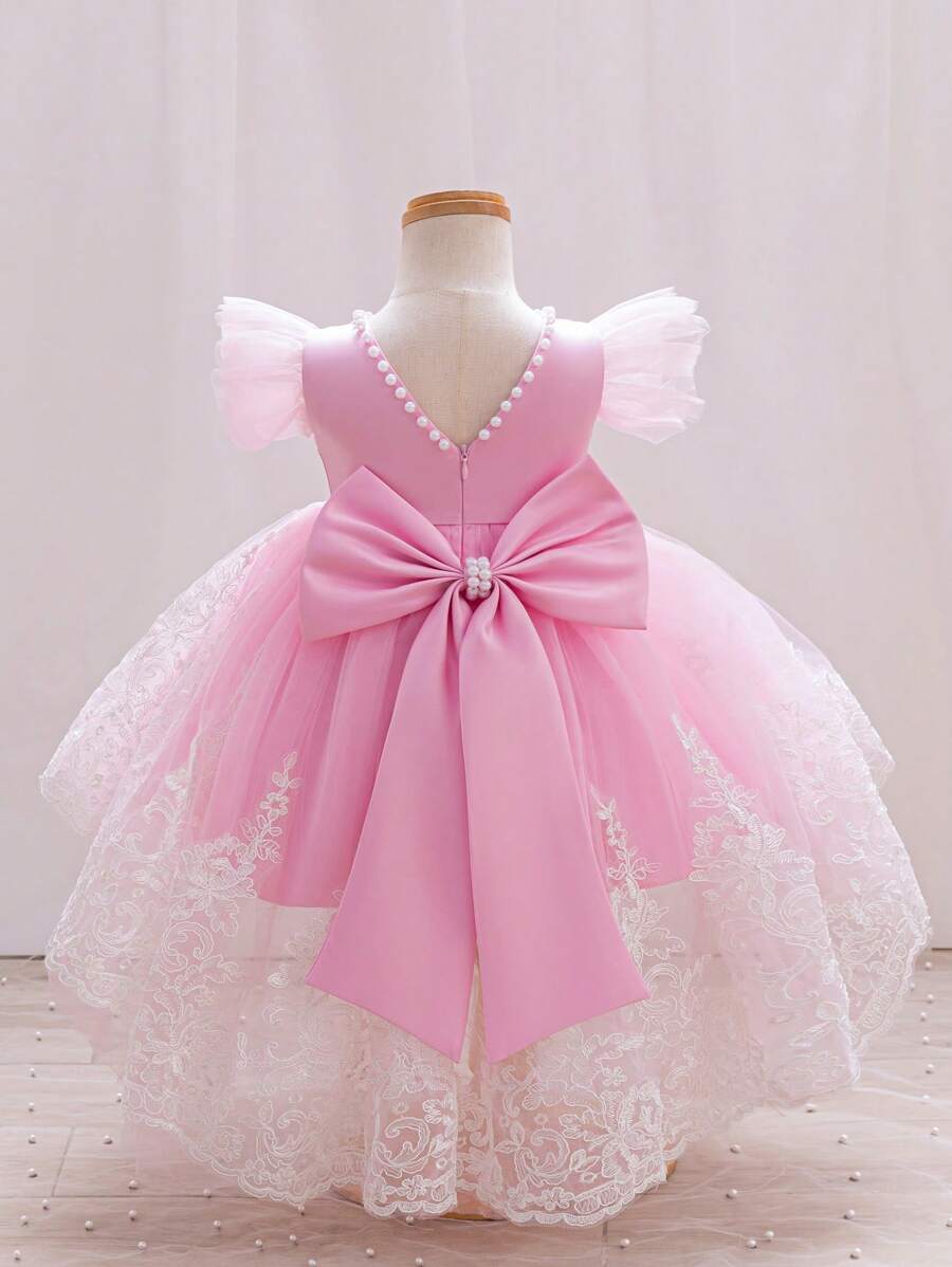 SHEIN Glamorique Kids Vestido de fiesta de cumpleaños con espalda descubierta, malla y brillo rosa con lazo decorativo para bebé y niña pequeña, para el 1er cumpleaños - Rosa - Ver 1