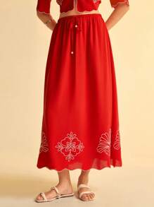 CAJUNI 红色刺绣裙，女性休闲度假风格 - 紅色 - 查看 4