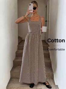SHEIN LUNE Đầm dự tiệc thanh lịch cổ vuông xếp ly lưng nhún eo cao thấp họa tiết kẻ caro thường ngày cho nữ - Nhiều màu - Xem 1
