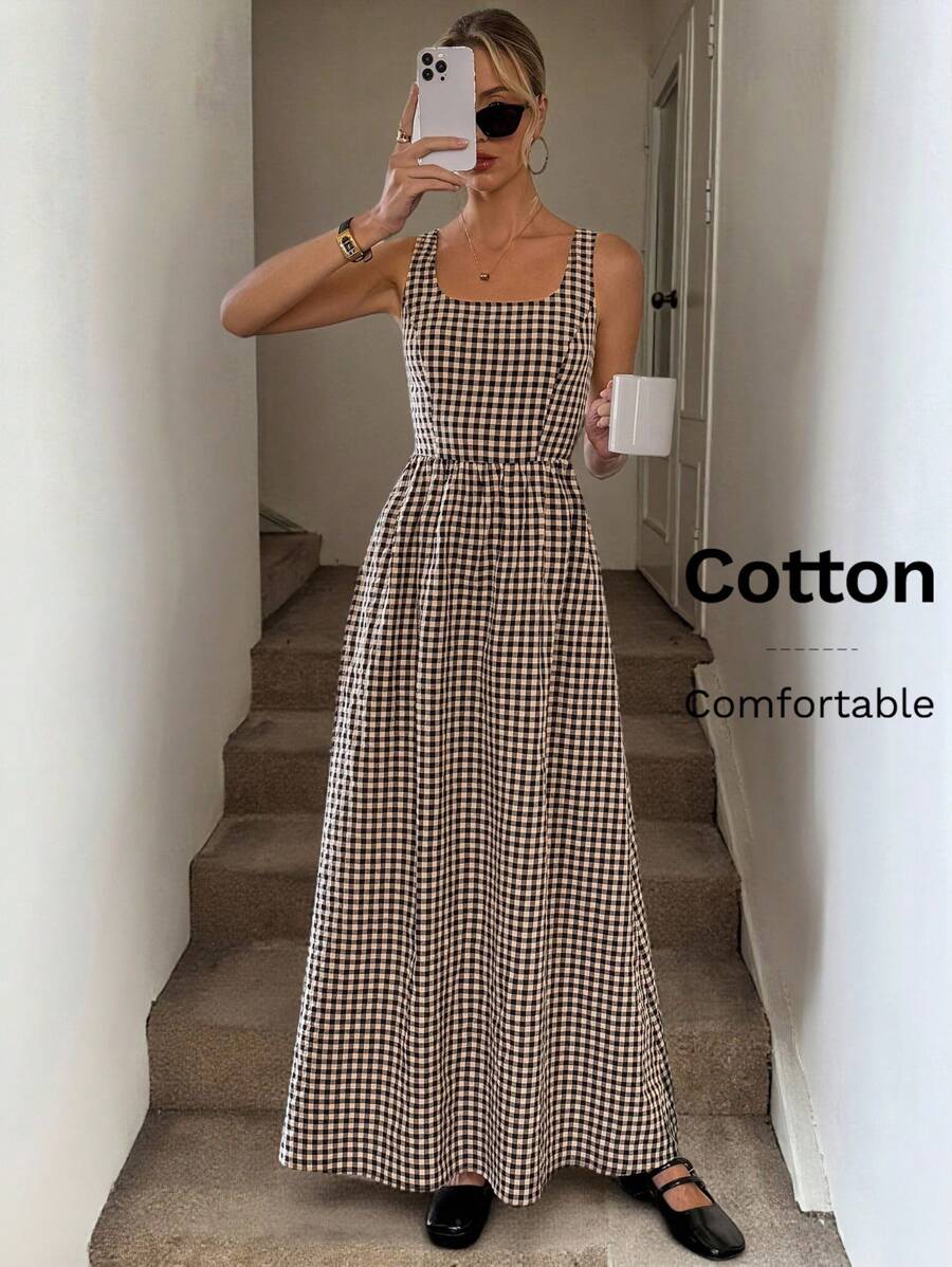 SHEIN LUNE Đầm dự tiệc thanh lịch cổ vuông xếp ly lưng nhún eo cao thấp họa tiết kẻ caro thường ngày cho nữ - Nhiều màu - Xem 1