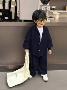 SHEIN 2pcs/Set Young Boys Summer Korean Style Casual Oversized Solid Color 2 In 1 Long Sleeve Pocket Shirt And Elastic Waist Straight Leg Pants Suit - Navy Blue - View 7