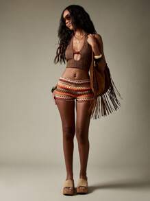 MISSGUIDED Bohemian Beach Shorts Cover Up Crochet Pattern Low Rise Summer Festival Poolside Resort Wear Vacation Beachwear - Multicolor - View 6