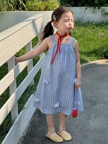 DAZY Young Girls Striped Floral Embellished Fresh Sweet Mid-Length Camisole Dress,Girls Summer Outfits - Blue - View 6