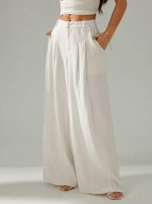 SHEIN PETITE Pantalones casuales de pierna ancha con cintura baja y pliegues de unicolor para mujer - Albaricoque - Ver 1