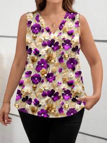 SHEIN Clasi Camicia aderente con scollo a V e stampa floreale, adatta per l'estate, disponibile anche in taglie comode