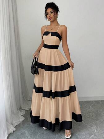 Rafferiza 女式纹理拼色露肩A字型束腰中长连衣裙