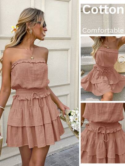 SHEIN LUNE Minikleid mit Taillengürtel und Faltendetails, rot, aus Bio-Baumwolle, geeignet für Frühling/Sommer Urlaub, Musikfestivals, Dates