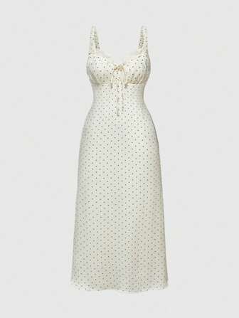 ROMWE Avant Women's Elegant Romantic Vacation Style Polka Dot Mermaid Ruffle Strap Neck Lace Splice Sexy Dress