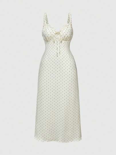 ROMWE Avant Women's Elegant Romantic Vacation Style Polka Dot Mermaid Ruffle Strap Neck Lace Splice Sexy Dress