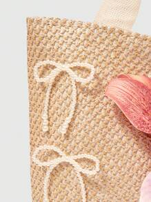 ROMWE Fairycore 1 件度假风格 DIY 珍珠蝴蝶结仿花沙滩手提包，波西米亚风兰花编织钱包及配饰，女士个性化手提包套装（包 + 配饰）