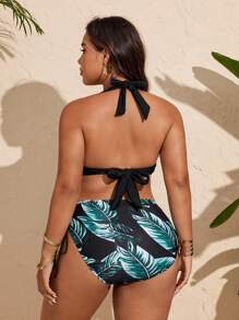 Swim Vcay Set de bikini con estampado de hojas tropicales, con tirantes atados al cuello y cordones cruzados en el pecho, para tallas grandes, nuevo lanzamiento 2025, estilo europeo y americano