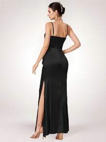 Coutiva Váy dạ hội dài màu đen trong suốt đính đá Rhinestone dành cho nữ, Váy dự tiệc cưới, Váy dạ hội thanh lịch, Váy dạ hội, Váy cưới giúp thon gọn eo và ngực, Váy dự tiệc, Váy trang trọng - màu đen - Xem 2