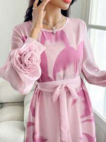 Modelyn 超大法式袖定位花卉印花连衣裙，适合春夏季 - 粉色 - 查看 6