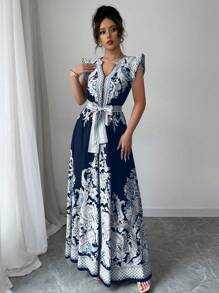 Elenzga Women's Floral Print A-Line Dress, Fashionable For Summer - Navy Blue - View 4