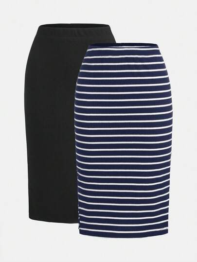 SHEIN LUNE Plus Size Women Elastic Waist Straight Casual Multi-Pack Midi Skirts Summer Vacation