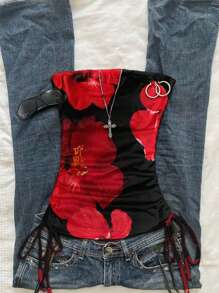 Attitoon Top halter con fruncido y lazo delantero, con estampado floral tropical rojo y negro