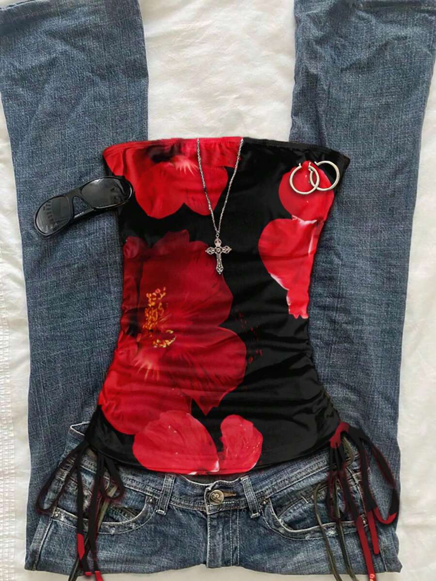 Attitoon Top halter con fruncido y lazo delantero, con estampado floral tropical rojo y negro