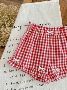 SHEIN EZwear Shorts casuales de mujer con acento de lazo blanco y volante a cuadros rojos, adecuado para el verano