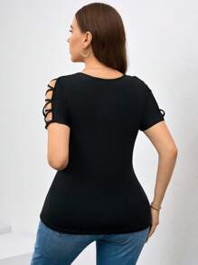 Chikora Plus Size T-Shirt With Lace Patchwork & Hollow Design, Casual & Elegant, Summer Outfits For Women