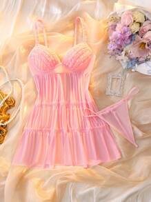 DelicateAllure 2pcs Pink Sheer Ruffle Trim Delicate Sexy Ladies Nightgown Summer Babydoll Dress - Pink - View 3