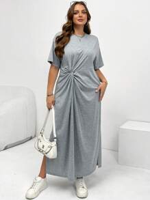 SHEIN Essnce Plus-Size Women's Summer Short-Sleeved Dress, Casual Women's Dress, Grey Dress, Knotted Dress Summer Dresses For Women