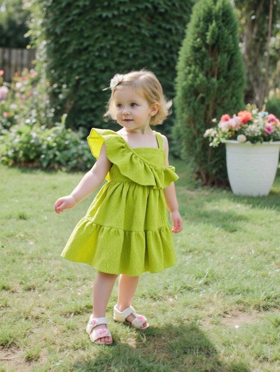 SHEIN Baby Girl Textured Purple Sleeveless Dress With Flared Bottom Design, Essential For Summer Daily Outings - Green - View 1